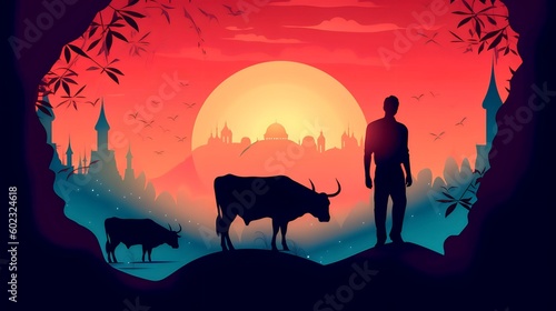 Sillhouette of Muslim man sacrifices cow in mosque during hajj with cow, Eid al-Adha illustration, Generative AI © Salsabila Ariadina