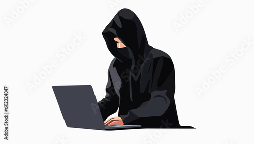 Computer Hacker in Hood Flat Cartoon Hacking, Ransomware via Notebook in Vector Style