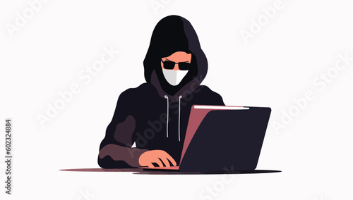 Computer Hacker in Hood Flat Cartoon Hacking, Ransomware via Notebook in Vector Style