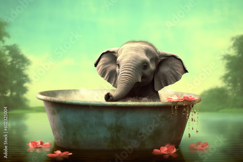 elephant sitting in bathtub, ai generated