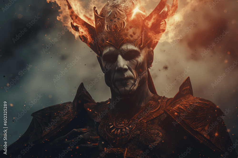 Portrait of the victorious conqueror watching over the battlefield, King in front of flames, burning crown, Generative AI
