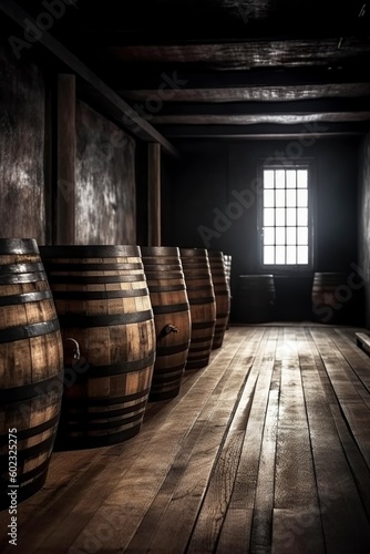 illustration, wooden barrels for whiskey, wine or cognac, generative ai