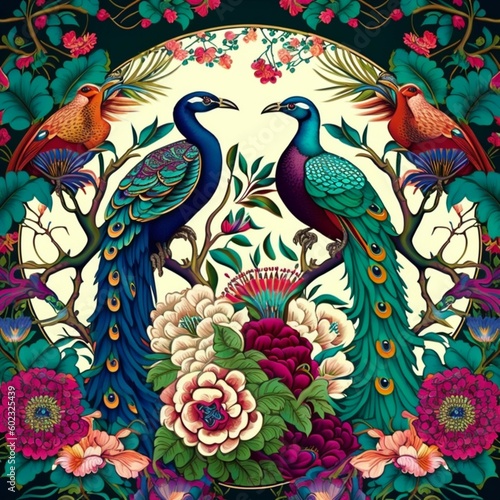Exotic oriental pattern with peacocks and flowers generative Ai