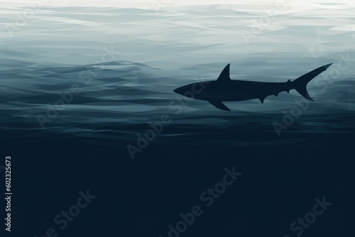 White shark in deep sea  simple minimal tech illustration.