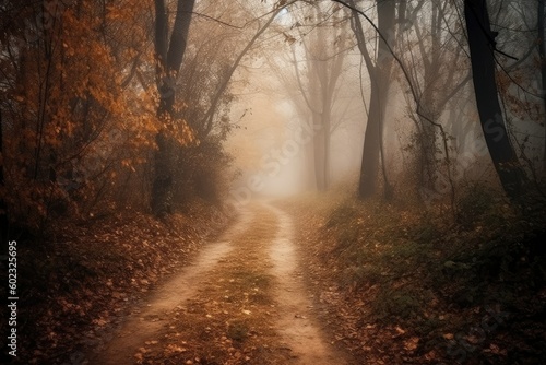 Misty Forest Path in Autumn - AI Generated
