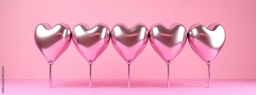 pink foil heart balloons isolated on pink background with space for copy, generative ai