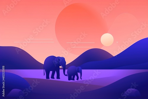 Elephant family in savanna  simple minimal tech illustration.