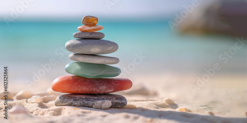 Seaglass stack on beach sand with seascape background. Beachcombing, beach walk. Harmony and balance concept. AI generative