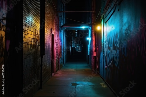Neon Lights Illuminating Dark Alley - AI Generated