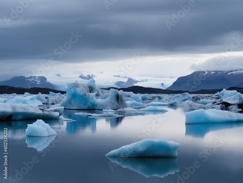 Blue Icebergs in Glacial Lagoon - AI Generated