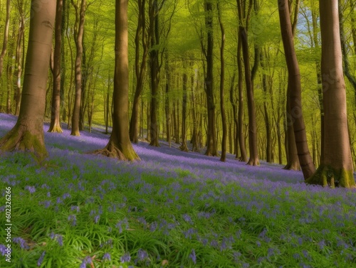 Bluebell Flowers Carpeting Woodland - AI Generated