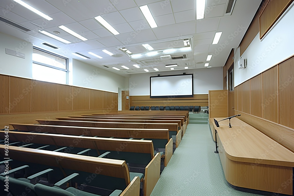 Lecture Hall Stage with Podium and Projector - AI Generated