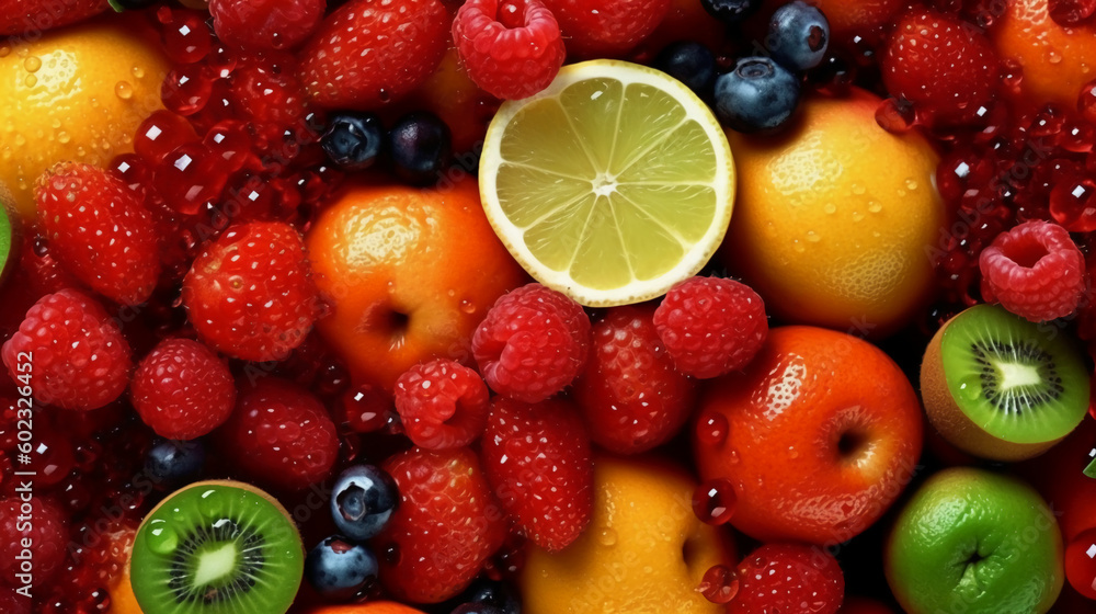 Juicy fruits top view background. AI generative Juicy fruits top view background. AI generative