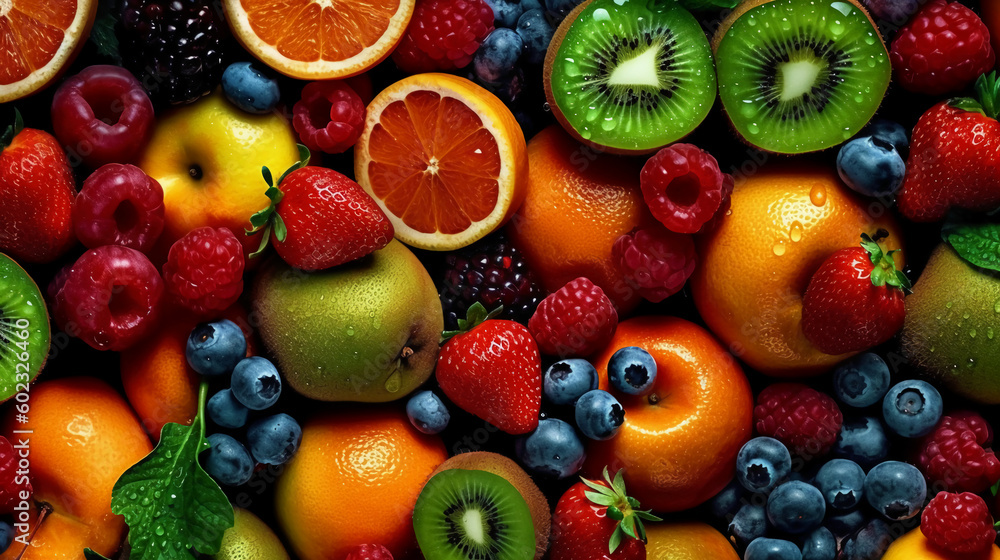 Juicy fruits top view background. AI generative