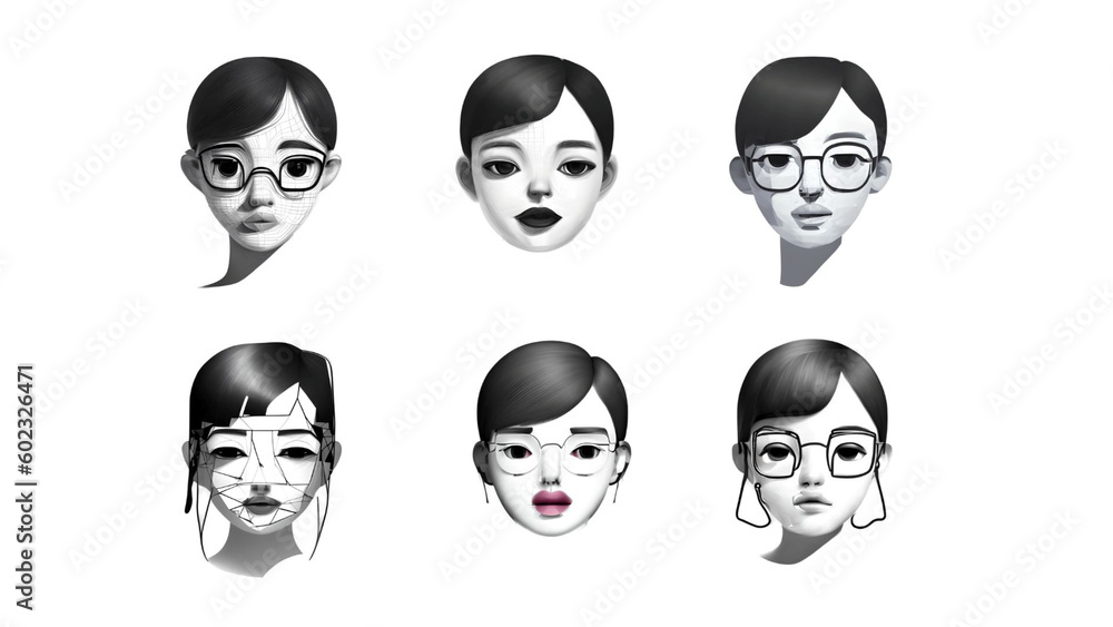set of real looking cartoon faces digital illustration, vector, glasses on with hair, trendy icons symbols set of real looking cartoon faces digital illustration, vector, glasses on with hair, trendy icons symbols