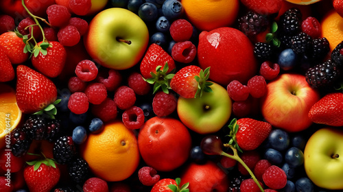 Juicy fruits top view background. AI generative