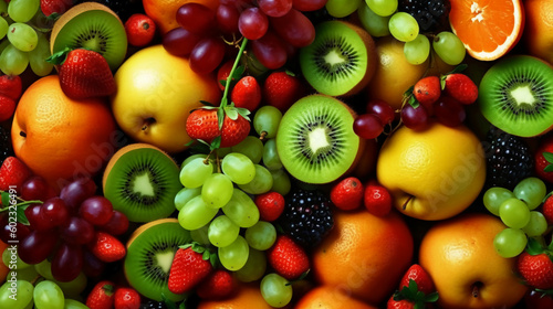 Juicy fruits top view background. AI generative