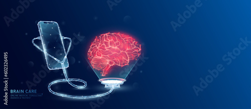Online medical. Doctor patient consultation. Smartphone and stethoscope checks health human brain organ red translucent low poly triangles and copy space for text. Health care digital concept. Vector.