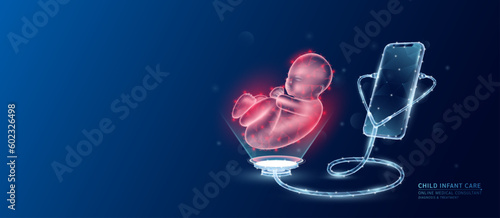 Online medical. Doctor patient consultation. Smartphone and stethoscope checks health child infant red translucent low poly triangles and copy space for text. Healthcare digital concept. Vector