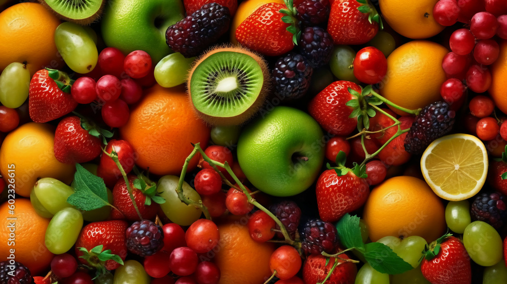 Juicy fruits top view background. AI generative Juicy fruits top view background. AI generative