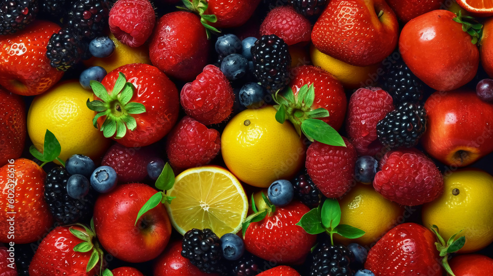 Juicy fruits top view background. AI generative Juicy fruits top view background. AI generative