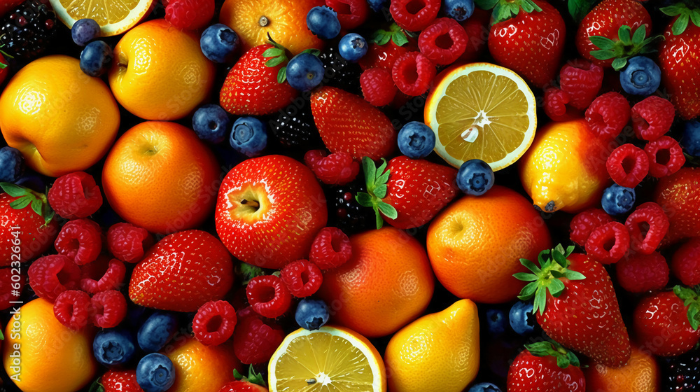 Juicy fruits top view background. AI generative Juicy fruits top view background. AI generative