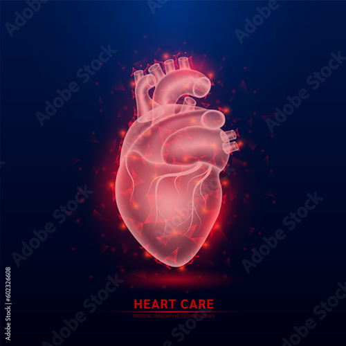 Human heart red translucent low poly triangles on dark blue background. Futuristic glowing organ anatomy. Heart health care innovative technology.  Medical and science concept. Vector EPS10.