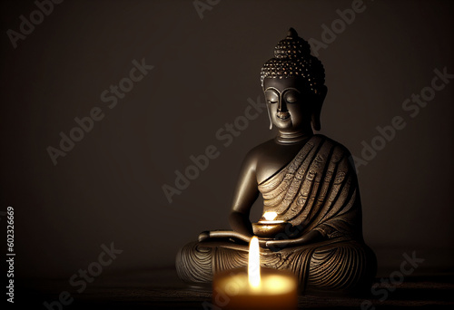 Buddha statue on a dark background with a candle. AI Generated