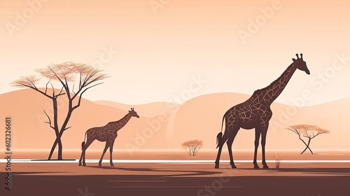 Giraffe family in savanna  simple minimal tech illustration.