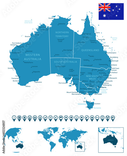 Australia - detailed blue country map with cities, regions, location on world map and globe. Infographic icons.