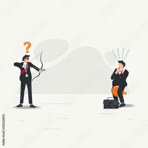 Businessman with blindfold aiming to shoot the balloon. Businessman focus concept vector illustration