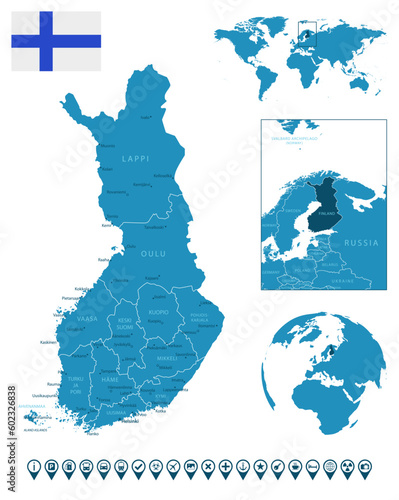 Finland - detailed blue country map with cities, regions, location on world map and globe. Infographic icons.