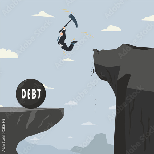 Businessman holding a hammer jumping from a cliff to destroy a giant debt ball vector illustration