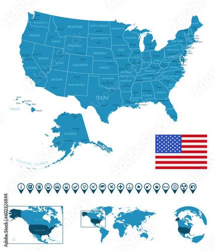 USA - detailed blue country map with cities, regions, location on world map and globe. Infographic icons.