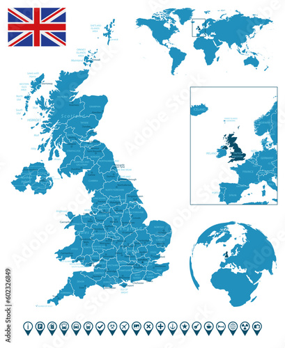 United Kingdom - detailed blue country map with cities, regions, location on world map and globe. Infographic icons.