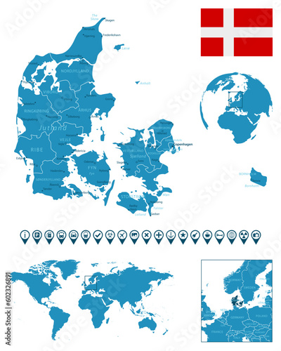 Denmark - detailed blue country map with cities, regions, location on world map and globe. Infographic icons.