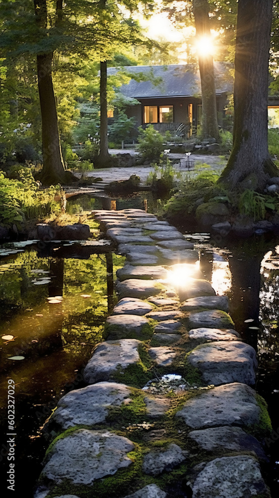 Luminous granite stepping stones leading to cottage in middle of pond. AI generative