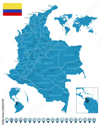 Colombia - detailed blue country map with cities, regions, location on world map and globe. Infographic icons. photo