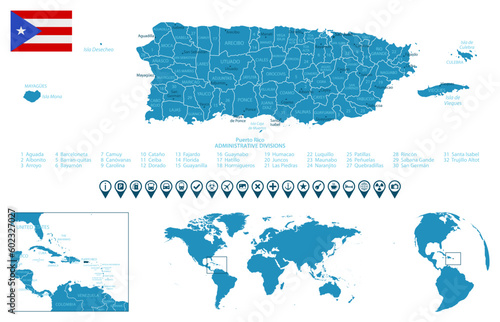 Puerto Rico - detailed blue country map with cities, regions, location on world map and globe. Infographic icons.