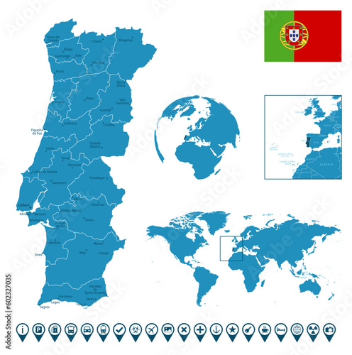 Portugal - detailed blue country map with cities, regions, location on world map and globe. Infographic icons.
