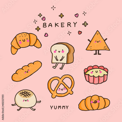 Bread characters. Funny tasty bakery pastries, cartoon happy breads faces character set, kawaii croissant and pastry, cute chocolate muffin and baguette expression illustration