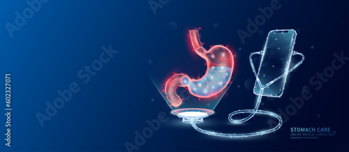 Online medical. Doctor patient consultation. Smartphone and stethoscope checks health human stomach red translucent low poly triangles and copy space for text. Healthcare digital concept. Vector EPS10
