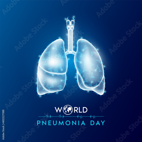 World Pneumonia Day. Human lung anatomy translucent low poly triangles. Futuristic glowing organ hologram on dark blue background. Poster or banner for website. Medical concept. Vector EPS10.