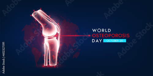 World Osteoporosis Day. Human bone anatomy translucent low poly triangles. Unhealthy bone joint on dark blue background. Poster or banner for website. Medical concept. Vector EPS10.