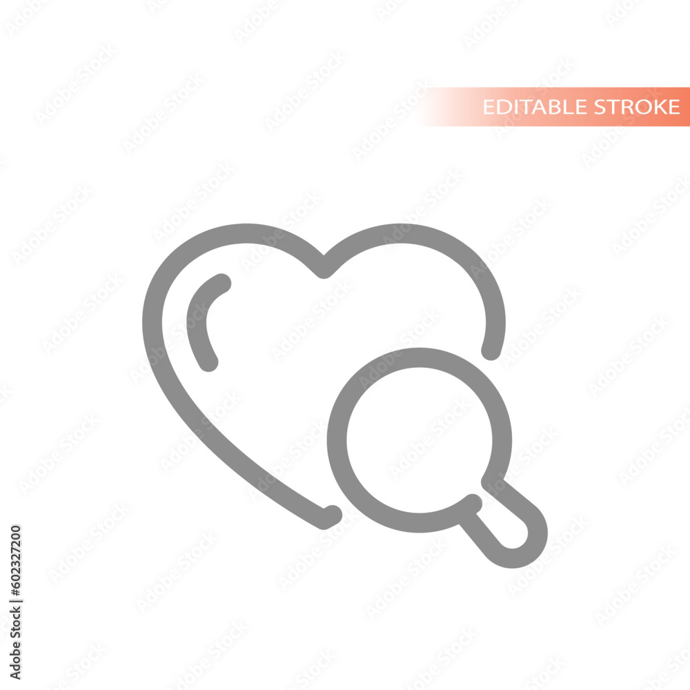 Heart and magnifying glass line vector icon. Love searching, dating app outlined symbol. Heart and magnifying glass line vector icon. Love searching, dating app outlined symbol.