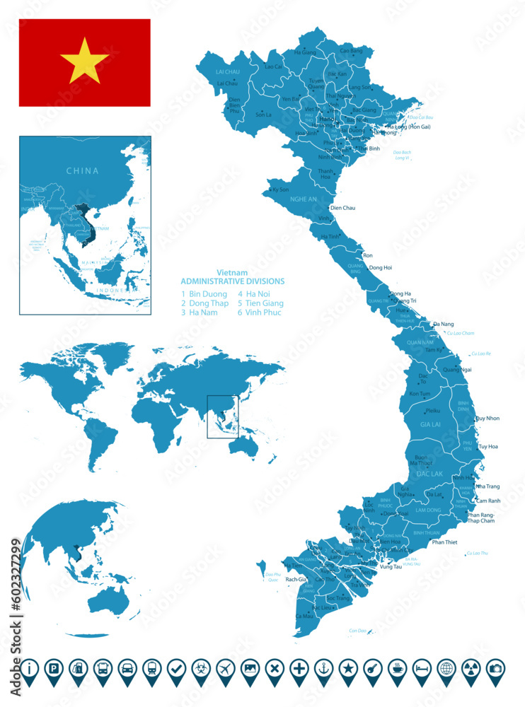 Vietnam - detailed blue country map with cities, regions, location on world map and globe. Infographic icons.
