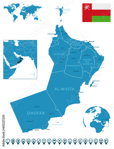 Oman - detailed blue country map with cities, regions, location on world map and globe. Infographic icons.