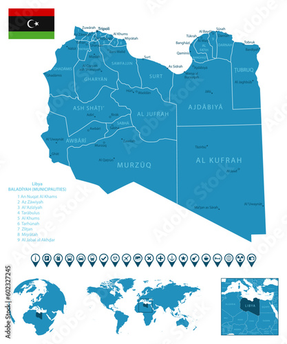 Libya - detailed blue country map with cities, regions, location on world map and globe. Infographic icons. photo