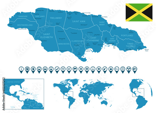 Jamaica - detailed blue country map with cities, regions, location on world map and globe. Infographic icons.