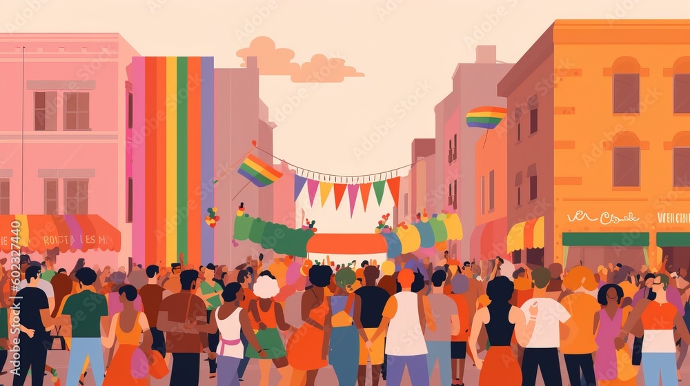 Crowd of people walking on the street with LGBT flags. Vector illustration. simple minimal tech illustration. Crowd of people walking on the street with LGBT flags. Vector illustration. simple minimal tech illustration.